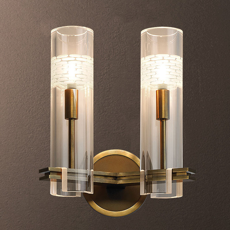 Clear Glass Gold Wall Lamp Sconce Cylindrical 1/2-Bulb Colonialist Wall Mounted Light for Living Room 2.0 Gold Clearhalo 'Wall Lamps & Sconces' 'Wall Lights' Lighting' 1787411