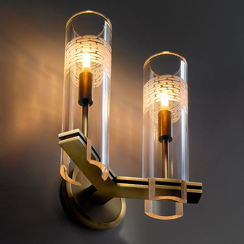 Clear Glass Gold Wall Lamp Sconce Cylindrical 1/2-Bulb Colonialist Wall Mounted Light for Living Room Clearhalo 'Wall Lamps & Sconces' 'Wall Lights' Lighting' 1787412