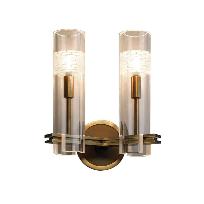 Clear Glass Gold Wall Lamp Sconce Cylindrical 1/2-Bulb Colonialist Wall Mounted Light for Living Room Clearhalo 'Wall Lamps & Sconces' 'Wall Lights' Lighting' 1787413