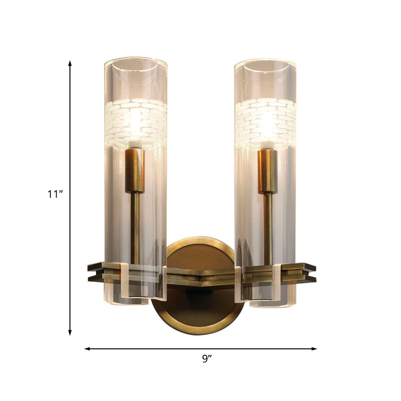 Clear Glass Gold Wall Lamp Sconce Cylindrical 1/2-Bulb Colonialist Wall Mounted Light for Living Room Clearhalo 'Wall Lamps & Sconces' 'Wall Lights' Lighting' 1787414