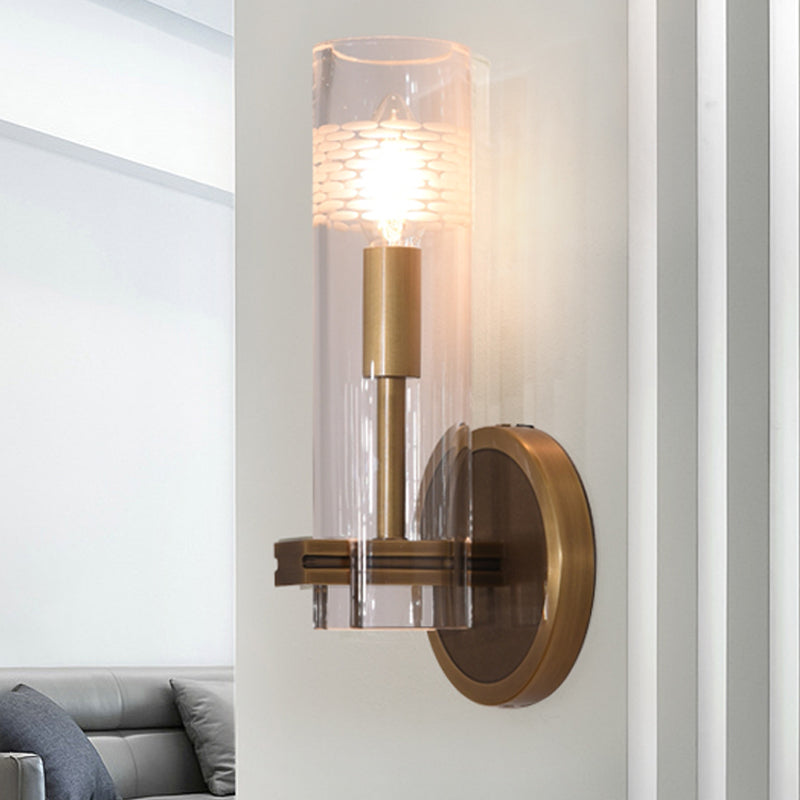 Clear Glass Gold Wall Lamp Sconce Cylindrical 1/2-Bulb Colonialist Wall Mounted Light for Living Room 1.0 Gold Clearhalo 'Wall Lamps & Sconces' 'Wall Lights' Lighting' 1787415