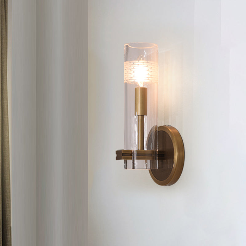 Clear Glass Gold Wall Lamp Sconce Cylindrical 1/2-Bulb Colonialist Wall Mounted Light for Living Room Clearhalo 'Wall Lamps & Sconces' 'Wall Lights' Lighting' 1787417