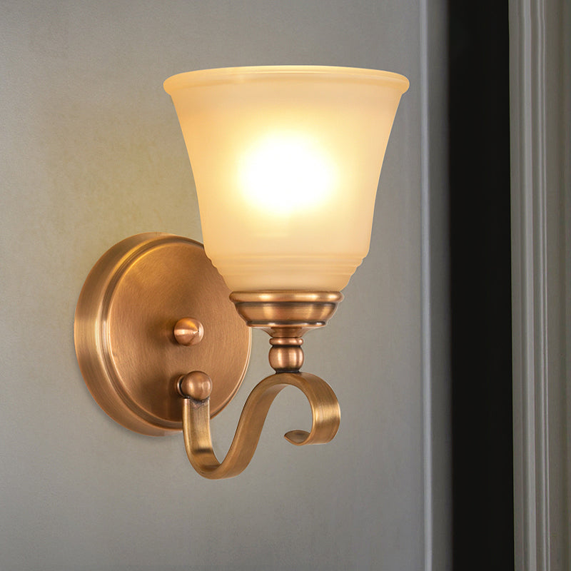 Frosted Glass Gold Wall Lamp Bell 1/2-Light Colonialism Sconce Lighting Fixture with Metal Curved Arm Clearhalo 'Wall Lamps & Sconces' 'Wall Lights' Lighting' 1787420