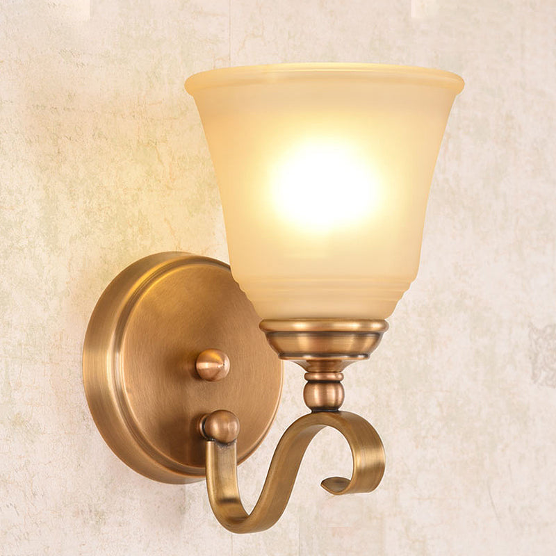 Frosted Glass Gold Wall Lamp Bell 1/2-Light Colonialism Sconce Lighting Fixture with Metal Curved Arm 1.0 Gold Clearhalo 'Wall Lamps & Sconces' 'Wall Lights' Lighting' 1787421