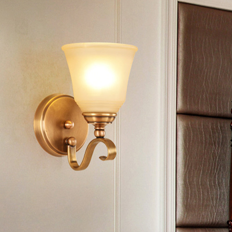 Frosted Glass Gold Wall Lamp Bell 1/2-Light Colonialism Sconce Lighting Fixture with Metal Curved Arm Clearhalo 'Wall Lamps & Sconces' 'Wall Lights' Lighting' 1787422