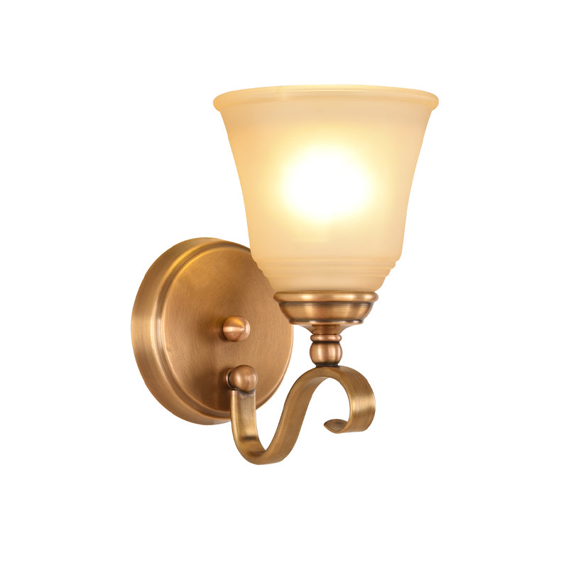 Frosted Glass Gold Wall Lamp Bell 1/2-Light Colonialism Sconce Lighting Fixture with Metal Curved Arm Clearhalo 'Wall Lamps & Sconces' 'Wall Lights' Lighting' 1787423