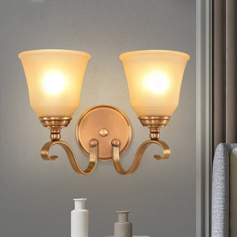 Frosted Glass Gold Wall Lamp Bell 1/2-Light Colonialism Sconce Lighting Fixture with Metal Curved Arm Clearhalo 'Wall Lamps & Sconces' 'Wall Lights' Lighting' 1787427