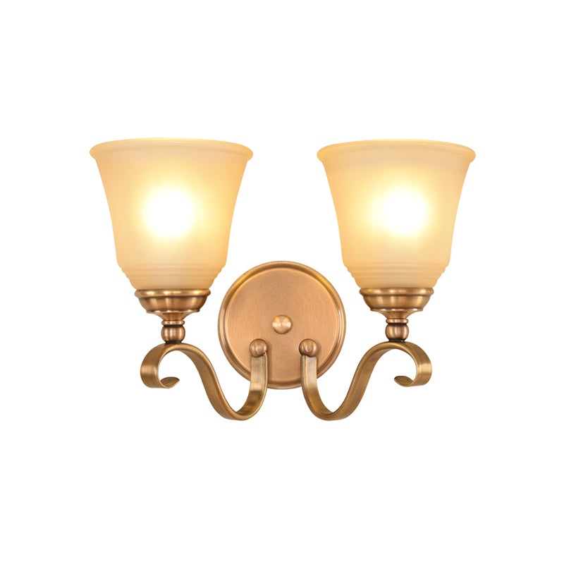 Frosted Glass Gold Wall Lamp Bell 1/2-Light Colonialism Sconce Lighting Fixture with Metal Curved Arm Clearhalo 'Wall Lamps & Sconces' 'Wall Lights' Lighting' 1787428