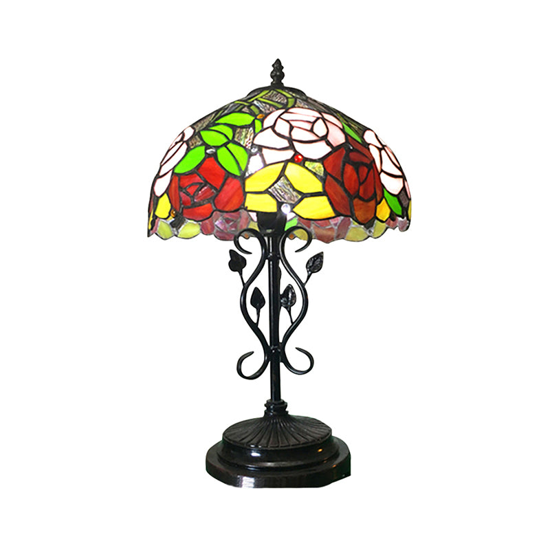 Stained Glass Rose Desk Light with Leaf Base Office 1 Bulb Tiffany Rustic Desk Lamp in Black Finish Clearhalo 'Lamps' 'Table Lamps' Lighting' 178743