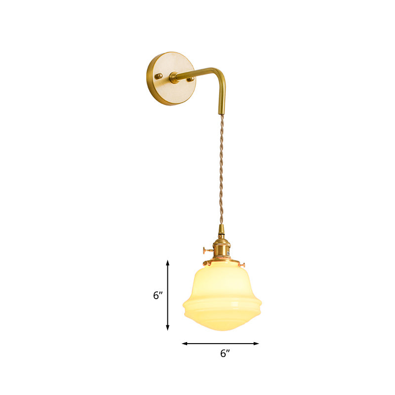 Milky Glass Bell Sconce Lighting Colonialist 1 Bulb Bedroom Wall Mounted Light in Gold with Cord/Straight Arm Clearhalo 'Wall Lamps & Sconces' 'Wall Lights' Lighting' 1787463