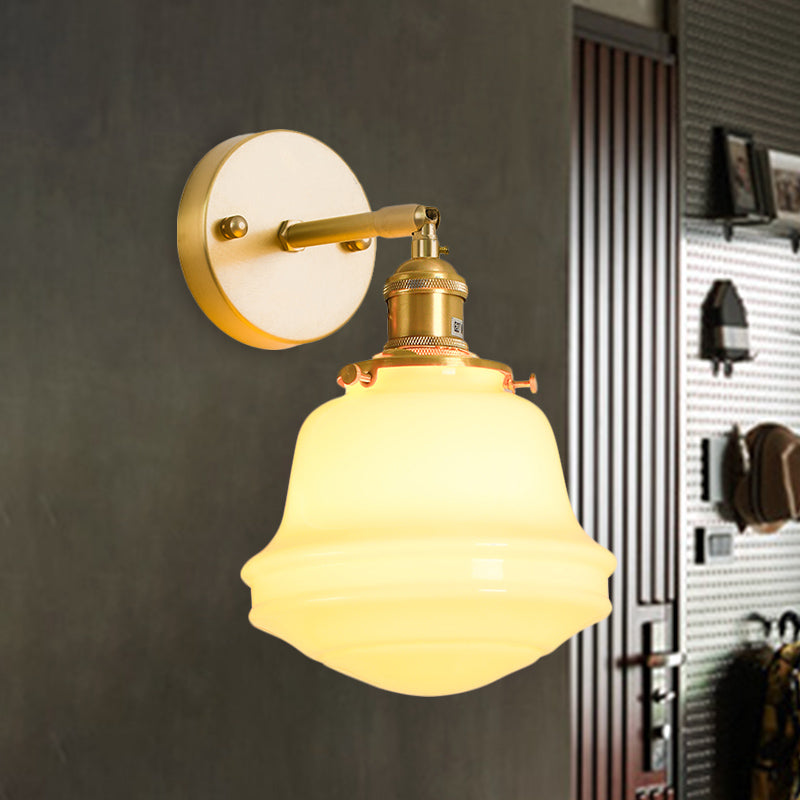 Milky Glass Bell Sconce Lighting Colonialist 1 Bulb Bedroom Wall Mounted Light in Gold with Cord/Straight Arm Gold A Clearhalo 'Wall Lamps & Sconces' 'Wall Lights' Lighting' 1787464