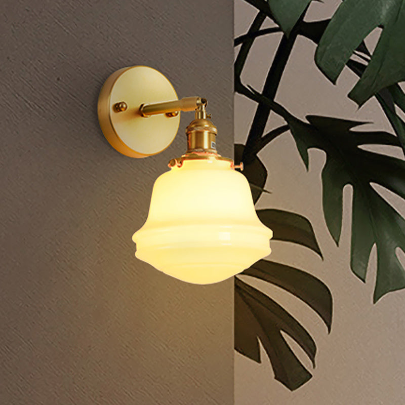 Milky Glass Bell Sconce Lighting Colonialist 1 Bulb Bedroom Wall Mounted Light in Gold with Cord/Straight Arm Clearhalo 'Wall Lamps & Sconces' 'Wall Lights' Lighting' 1787465