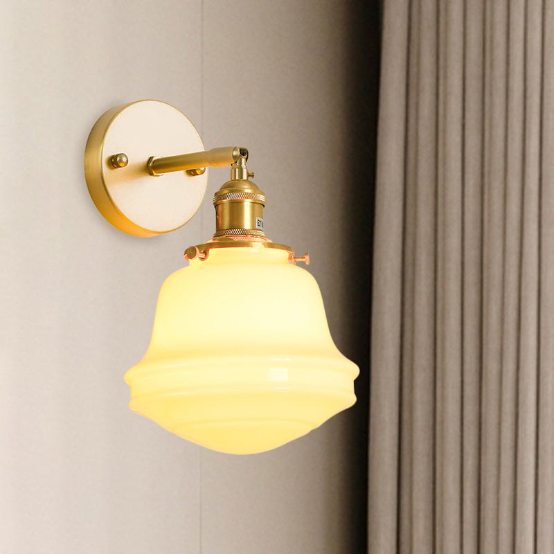 Milky Glass Bell Sconce Lighting Colonialist 1 Bulb Bedroom Wall Mounted Light in Gold with Cord/Straight Arm Clearhalo 'Wall Lamps & Sconces' 'Wall Lights' Lighting' 1787466