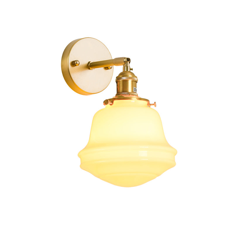 Milky Glass Bell Sconce Lighting Colonialist 1 Bulb Bedroom Wall Mounted Light in Gold with Cord/Straight Arm Clearhalo 'Wall Lamps & Sconces' 'Wall Lights' Lighting' 1787467