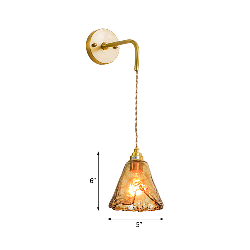 Tan Glass Cone/Trapezoid/Flat Sconce Colonialism 1-Light Living Room Wall Mounted Light Fixture in Gold with Cord Clearhalo 'Wall Lamps & Sconces' 'Wall Lights' Lighting' 1787478