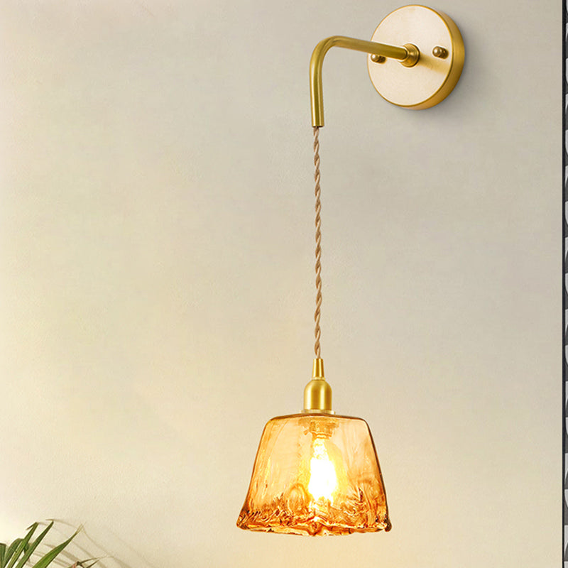 Tan Glass Cone/Trapezoid/Flat Sconce Colonialism 1-Light Living Room Wall Mounted Light Fixture in Gold with Cord Gold A Clearhalo 'Wall Lamps & Sconces' 'Wall Lights' Lighting' 1787479