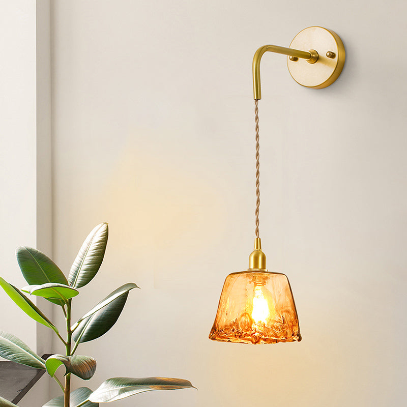 Tan Glass Cone/Trapezoid/Flat Sconce Colonialism 1-Light Living Room Wall Mounted Light Fixture in Gold with Cord Clearhalo 'Wall Lamps & Sconces' 'Wall Lights' Lighting' 1787480