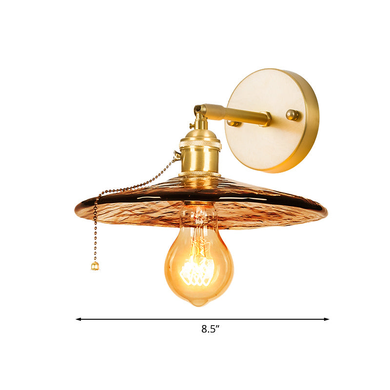 Tan Glass Gold Wall Light Shade Saucer/Funnel/Trapezoid 1-Head Colonial Wall Sconce Lighting Fixture for Bedroom Clearhalo 'Wall Lamps & Sconces' 'Wall Lights' Lighting' 1787492