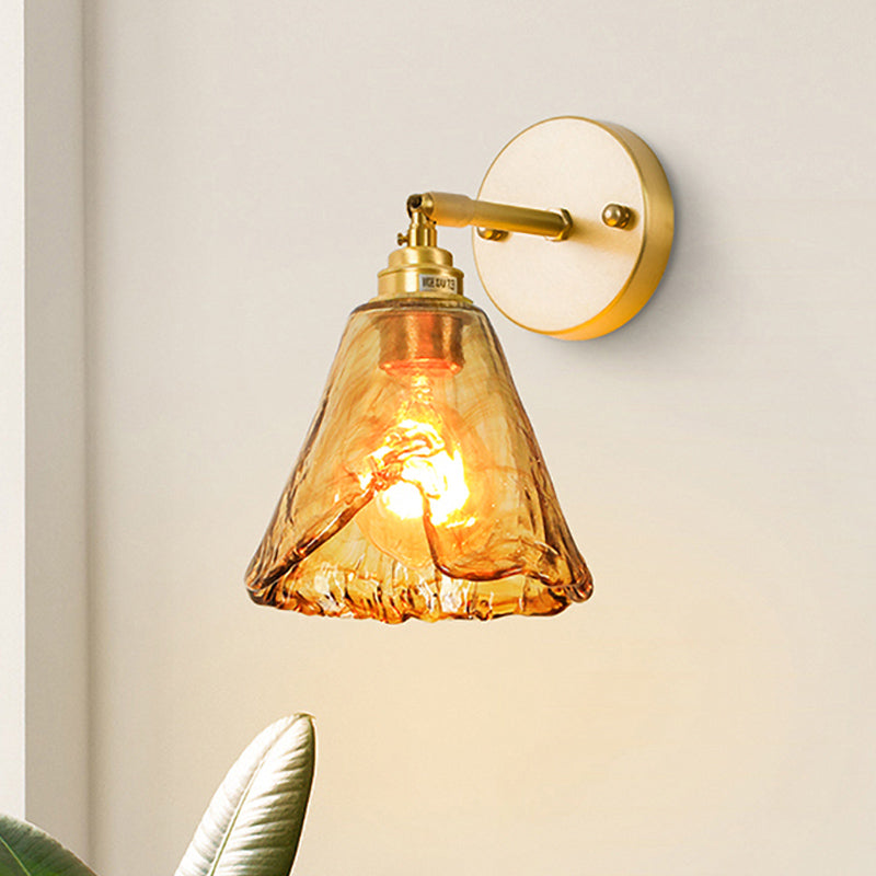 Tan Glass Gold Wall Light Shade Saucer/Funnel/Trapezoid 1-Head Colonial Wall Sconce Lighting Fixture for Bedroom Gold B Clearhalo 'Wall Lamps & Sconces' 'Wall Lights' Lighting' 1787493