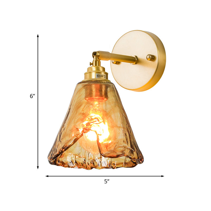 Tan Glass Gold Wall Light Shade Saucer/Funnel/Trapezoid 1-Head Colonial Wall Sconce Lighting Fixture for Bedroom Clearhalo 'Wall Lamps & Sconces' 'Wall Lights' Lighting' 1787497