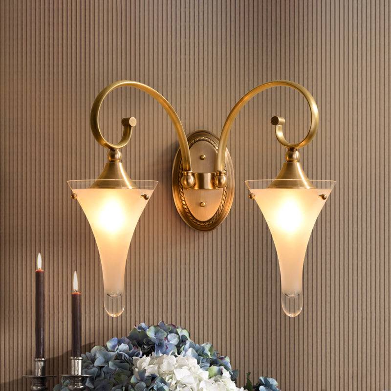 1/2-Head Flared Wall Light Sconce Colonial Gold Frosted White Glass Wall Lighting Fixture with Scrolled Arm Clearhalo 'Wall Lamps & Sconces' 'Wall Lights' Lighting' 1787498