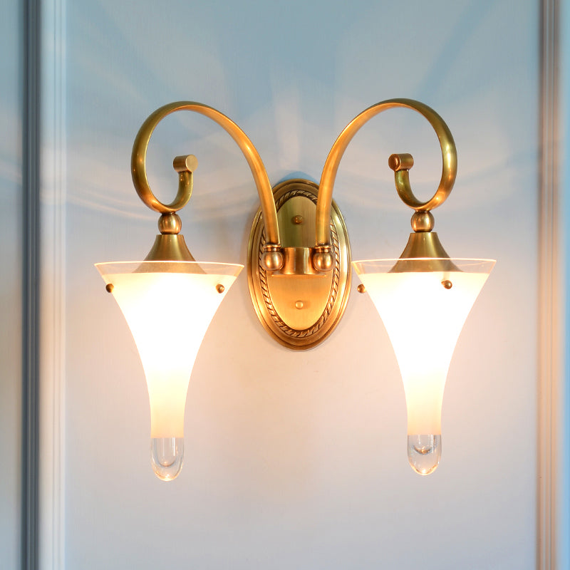 1/2-Head Flared Wall Light Sconce Colonial Gold Frosted White Glass Wall Lighting Fixture with Scrolled Arm 2.0 Gold Clearhalo 'Wall Lamps & Sconces' 'Wall Lights' Lighting' 1787499