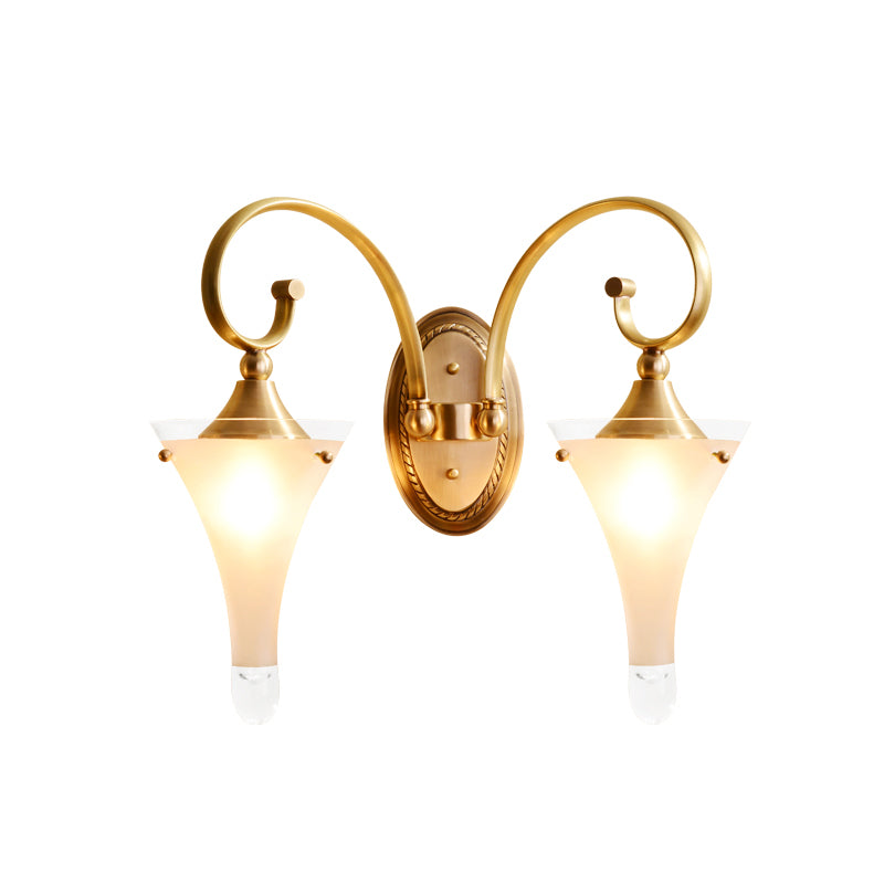 1/2-Head Flared Wall Light Sconce Colonial Gold Frosted White Glass Wall Lighting Fixture with Scrolled Arm Clearhalo 'Wall Lamps & Sconces' 'Wall Lights' Lighting' 1787501