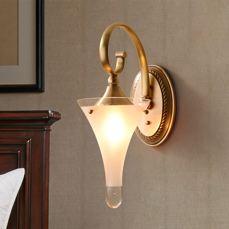 1/2-Head Flared Wall Light Sconce Colonial Gold Frosted White Glass Wall Lighting Fixture with Scrolled Arm 1.0 Gold Clearhalo 'Wall Lamps & Sconces' 'Wall Lights' Lighting' 1787503