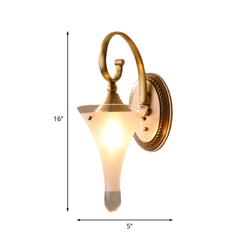 1/2-Head Flared Wall Light Sconce Colonial Gold Frosted White Glass Wall Lighting Fixture with Scrolled Arm Clearhalo 'Wall Lamps & Sconces' 'Wall Lights' Lighting' 1787507