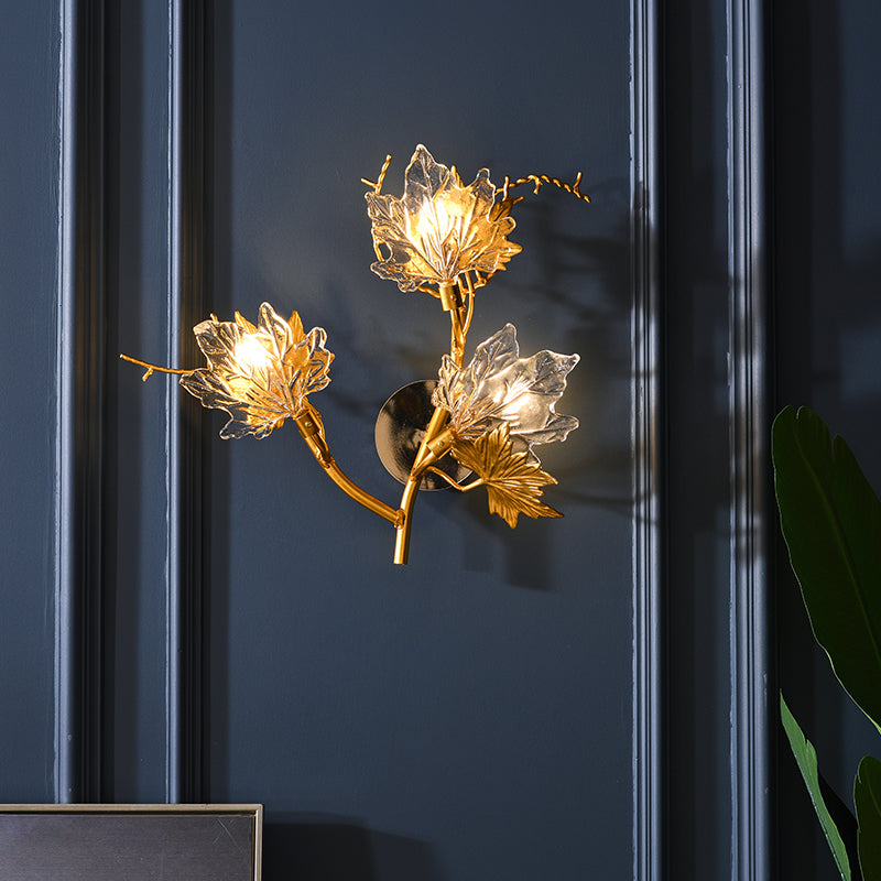 Colonialist Maple Leaf Wall Lamp 3-Light Clear Textured Glass Sconce Wall Lighting in Gold for Bedroom Clearhalo 'Wall Lamps & Sconces' 'Wall Lights' Lighting' 1787508