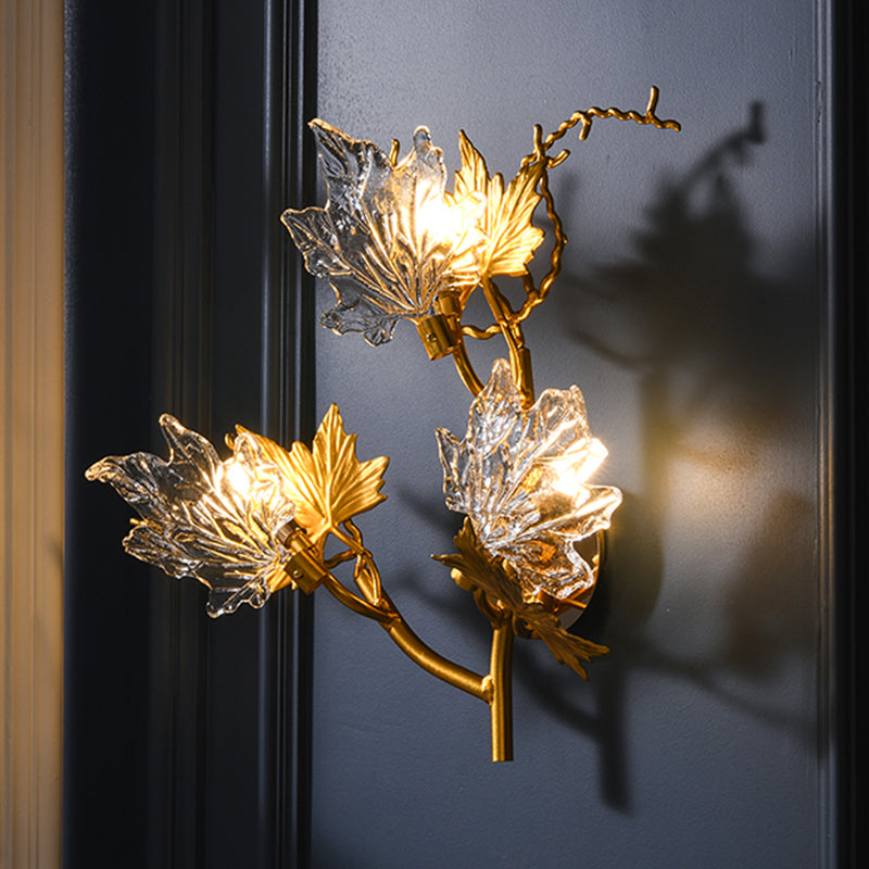 Colonialist Maple Leaf Wall Lamp 3-Light Clear Textured Glass Sconce Wall Lighting in Gold for Bedroom Gold Clearhalo 'Wall Lamps & Sconces' 'Wall Lights' Lighting' 1787509