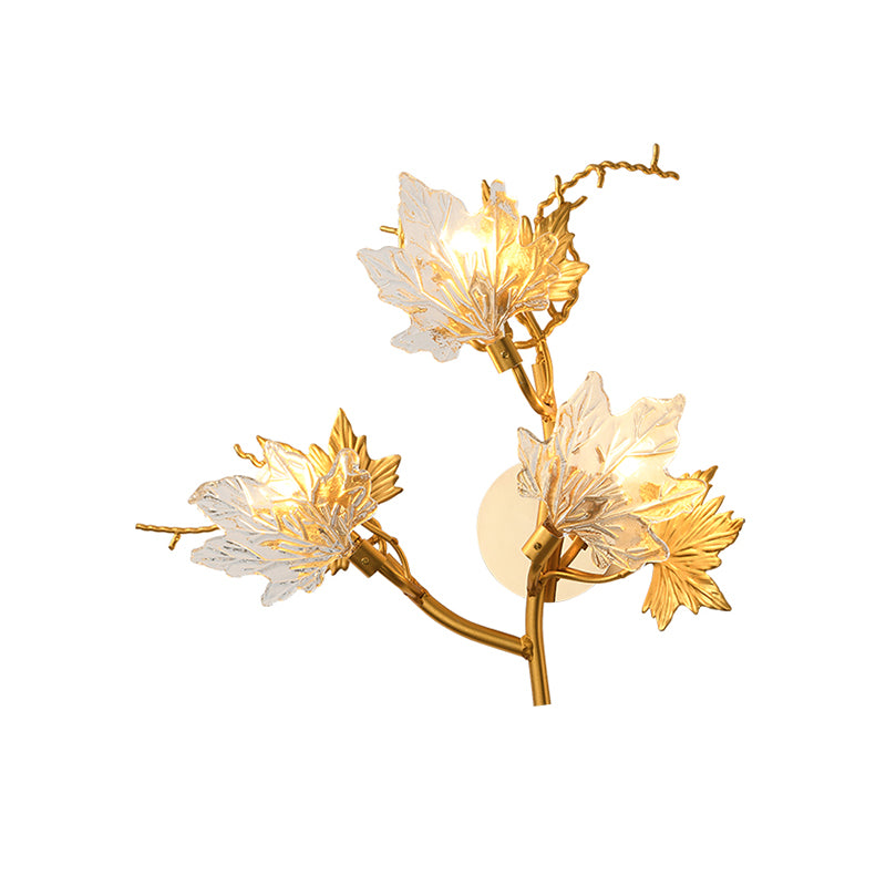 Colonialist Maple Leaf Wall Lamp 3-Light Clear Textured Glass Sconce Wall Lighting in Gold for Bedroom Clearhalo 'Wall Lamps & Sconces' 'Wall Lights' Lighting' 1787511