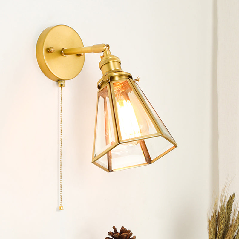 Colonialism Tapered Wall Light Fixture 1-Bulb Clear Glass Sconce Lamp in Gold with/without Pull Chain Gold B Clearhalo 'Wall Lamps & Sconces' 'Wall Lights' Lighting' 1787524