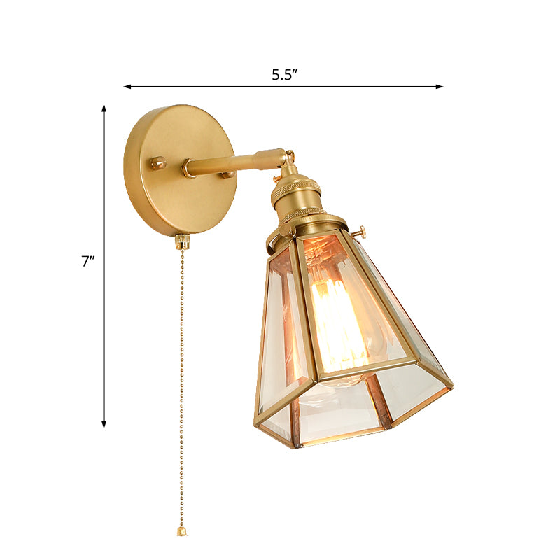 Colonialism Tapered Wall Light Fixture 1-Bulb Clear Glass Sconce Lamp in Gold with/without Pull Chain Clearhalo 'Wall Lamps & Sconces' 'Wall Lights' Lighting' 1787527