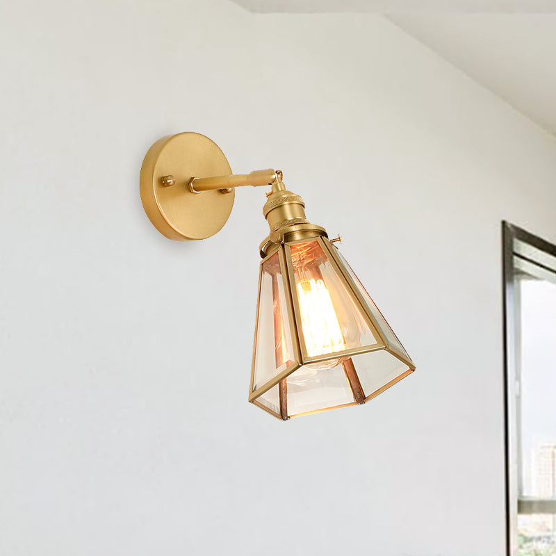 Colonialism Tapered Wall Light Fixture 1-Bulb Clear Glass Sconce Lamp in Gold with/without Pull Chain Clearhalo 'Wall Lamps & Sconces' 'Wall Lights' Lighting' 1787530