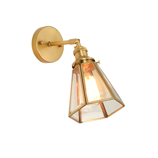 Colonialism Tapered Wall Light Fixture 1-Bulb Clear Glass Sconce Lamp in Gold with/without Pull Chain Clearhalo 'Wall Lamps & Sconces' 'Wall Lights' Lighting' 1787531