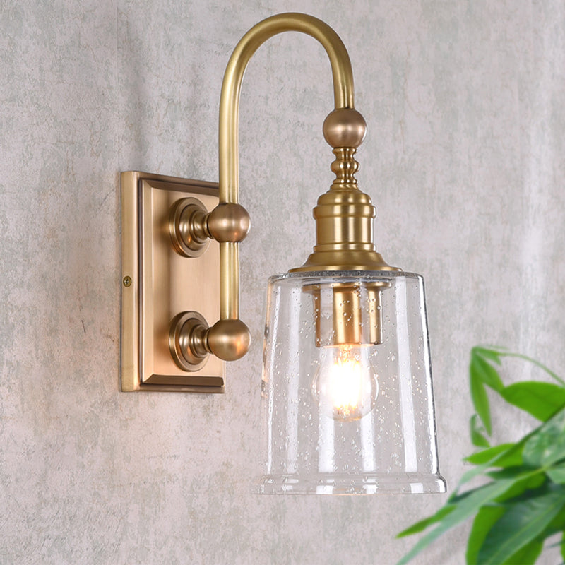 Conical Bathroom Sconce Light Colonial White/Clear Bubble Glass 1 Bulb Brass Wall Lamp with Metal Gooseneck Arm Clear Clearhalo 'Wall Lamps & Sconces' 'Wall Lights' Lighting' 1787549