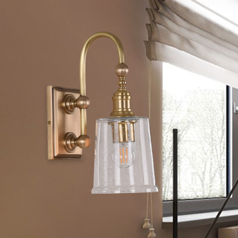 Conical Bathroom Sconce Light Colonial White/Clear Bubble Glass 1 Bulb Brass Wall Lamp with Metal Gooseneck Arm Clearhalo 'Wall Lamps & Sconces' 'Wall Lights' Lighting' 1787550