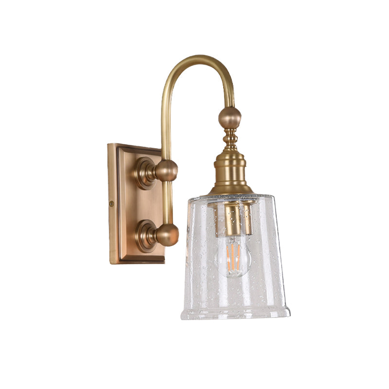 Conical Bathroom Sconce Light Colonial White/Clear Bubble Glass 1 Bulb Brass Wall Lamp with Metal Gooseneck Arm Clearhalo 'Wall Lamps & Sconces' 'Wall Lights' Lighting' 1787551