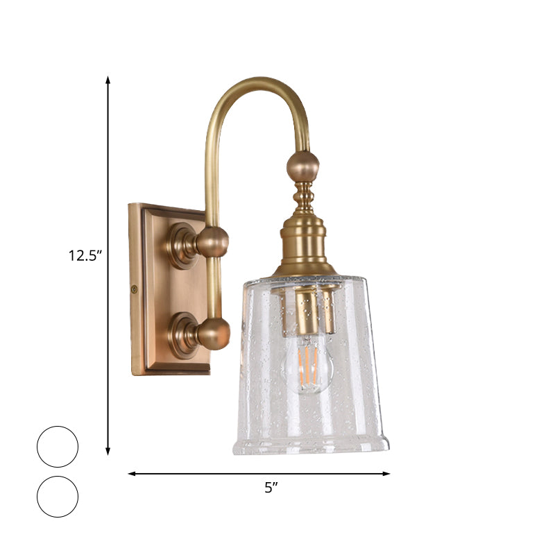 Conical Bathroom Sconce Light Colonial White/Clear Bubble Glass 1 Bulb Brass Wall Lamp with Metal Gooseneck Arm Clearhalo 'Wall Lamps & Sconces' 'Wall Lights' Lighting' 1787552