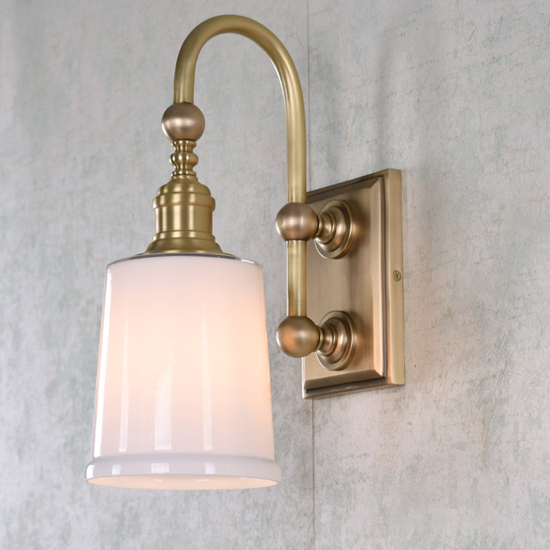 Conical Bathroom Sconce Light Colonial White/Clear Bubble Glass 1 Bulb Brass Wall Lamp with Metal Gooseneck Arm White Clearhalo 'Wall Lamps & Sconces' 'Wall Lights' Lighting' 1787553