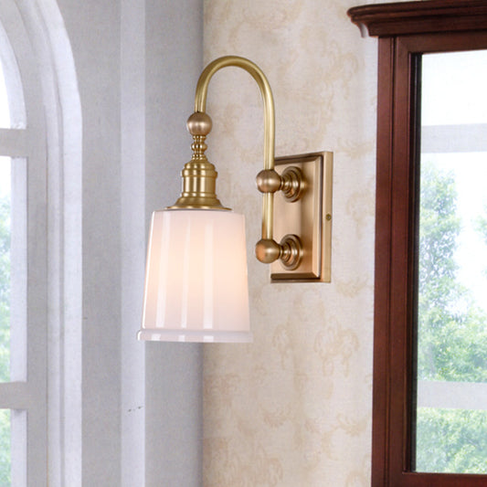 Conical Bathroom Sconce Light Colonial White/Clear Bubble Glass 1 Bulb Brass Wall Lamp with Metal Gooseneck Arm Clearhalo 'Wall Lamps & Sconces' 'Wall Lights' Lighting' 1787554