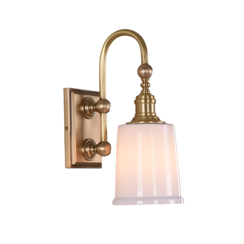 Conical Bathroom Sconce Light Colonial White/Clear Bubble Glass 1 Bulb Brass Wall Lamp with Metal Gooseneck Arm Clearhalo 'Wall Lamps & Sconces' 'Wall Lights' Lighting' 1787556