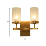 Clear Ribbed Glass Cylinder Wall Light 1/2-Head Bedroom Wall Sconce Lighting Fixture in Gold Clearhalo 'Wall Lamps & Sconces' 'Wall Lights' Lighting' 1787561