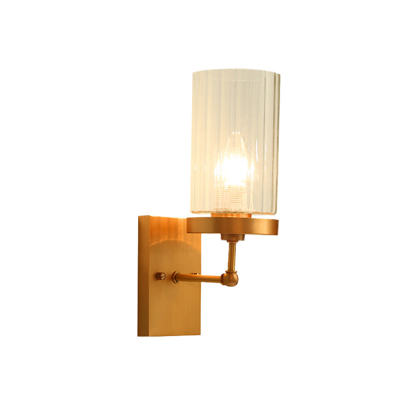 Clear Ribbed Glass Cylinder Wall Light 1/2-Head Bedroom Wall Sconce Lighting Fixture in Gold Clearhalo 'Wall Lamps & Sconces' 'Wall Lights' Lighting' 1787565