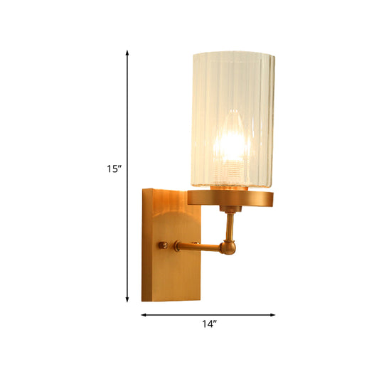 Clear Ribbed Glass Cylinder Wall Light 1/2-Head Bedroom Wall Sconce Lighting Fixture in Gold Clearhalo 'Wall Lamps & Sconces' 'Wall Lights' Lighting' 1787566