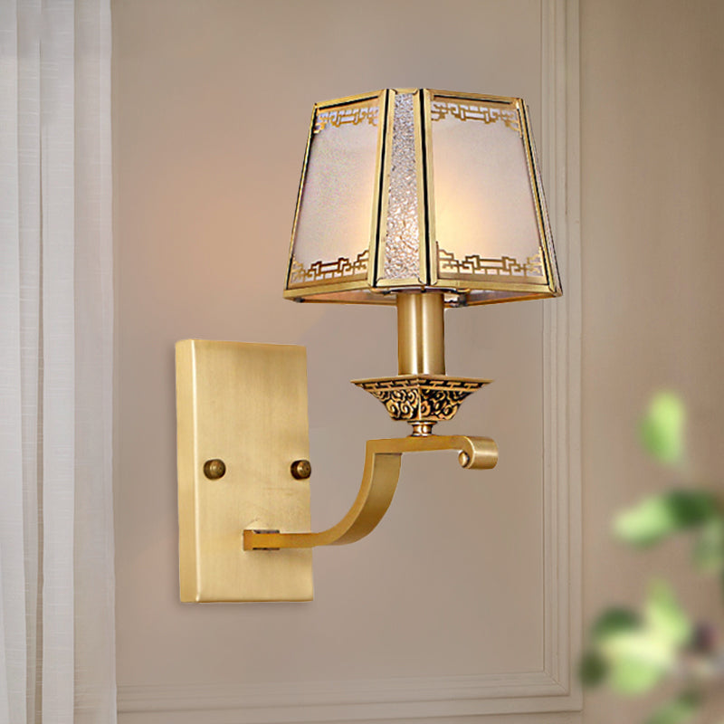 Cream Glass Gold Wall Sconce Trapezoidal 1/2-Light Colonialism Wall Mounted Light Fixture for Hallway Clearhalo 'Wall Lamps & Sconces' 'Wall Lights' Lighting' 1787568