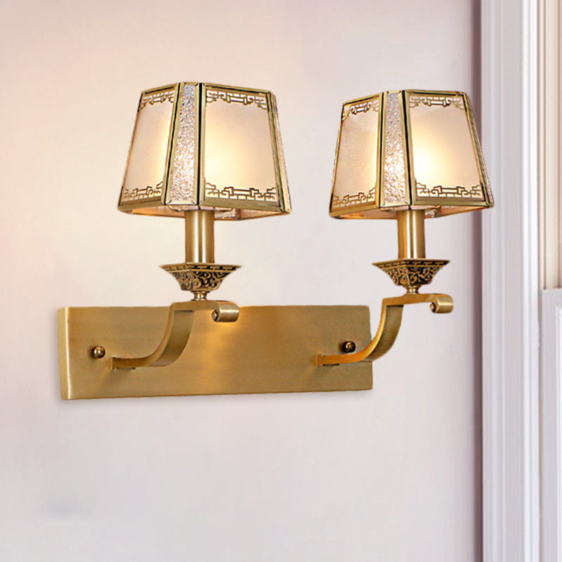 Cream Glass Gold Wall Sconce Trapezoidal 1/2-Light Colonialism Wall Mounted Light Fixture for Hallway Clearhalo 'Wall Lamps & Sconces' 'Wall Lights' Lighting' 1787572