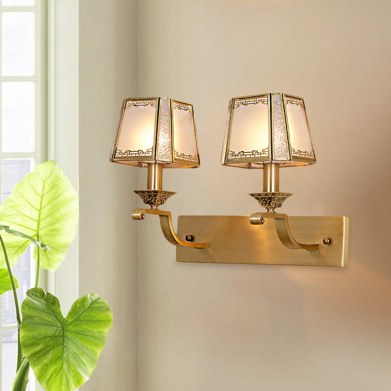 Cream Glass Gold Wall Sconce Trapezoidal 1/2-Light Colonialism Wall Mounted Light Fixture for Hallway 2.0 Gold Clearhalo 'Wall Lamps & Sconces' 'Wall Lights' Lighting' 1787573