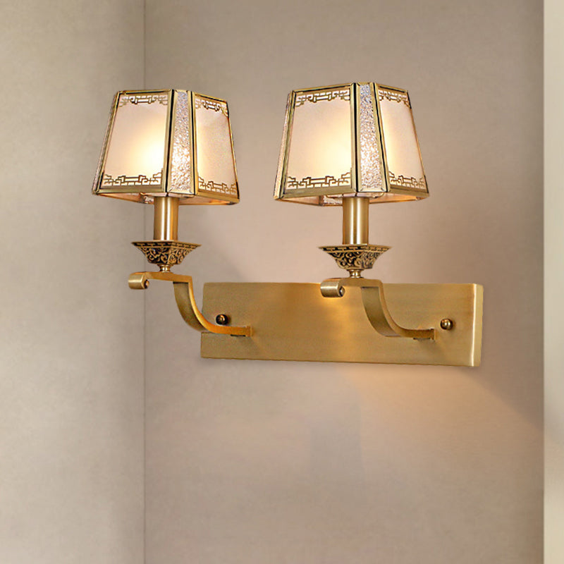 Cream Glass Gold Wall Sconce Trapezoidal 1/2-Light Colonialism Wall Mounted Light Fixture for Hallway Clearhalo 'Wall Lamps & Sconces' 'Wall Lights' Lighting' 1787574